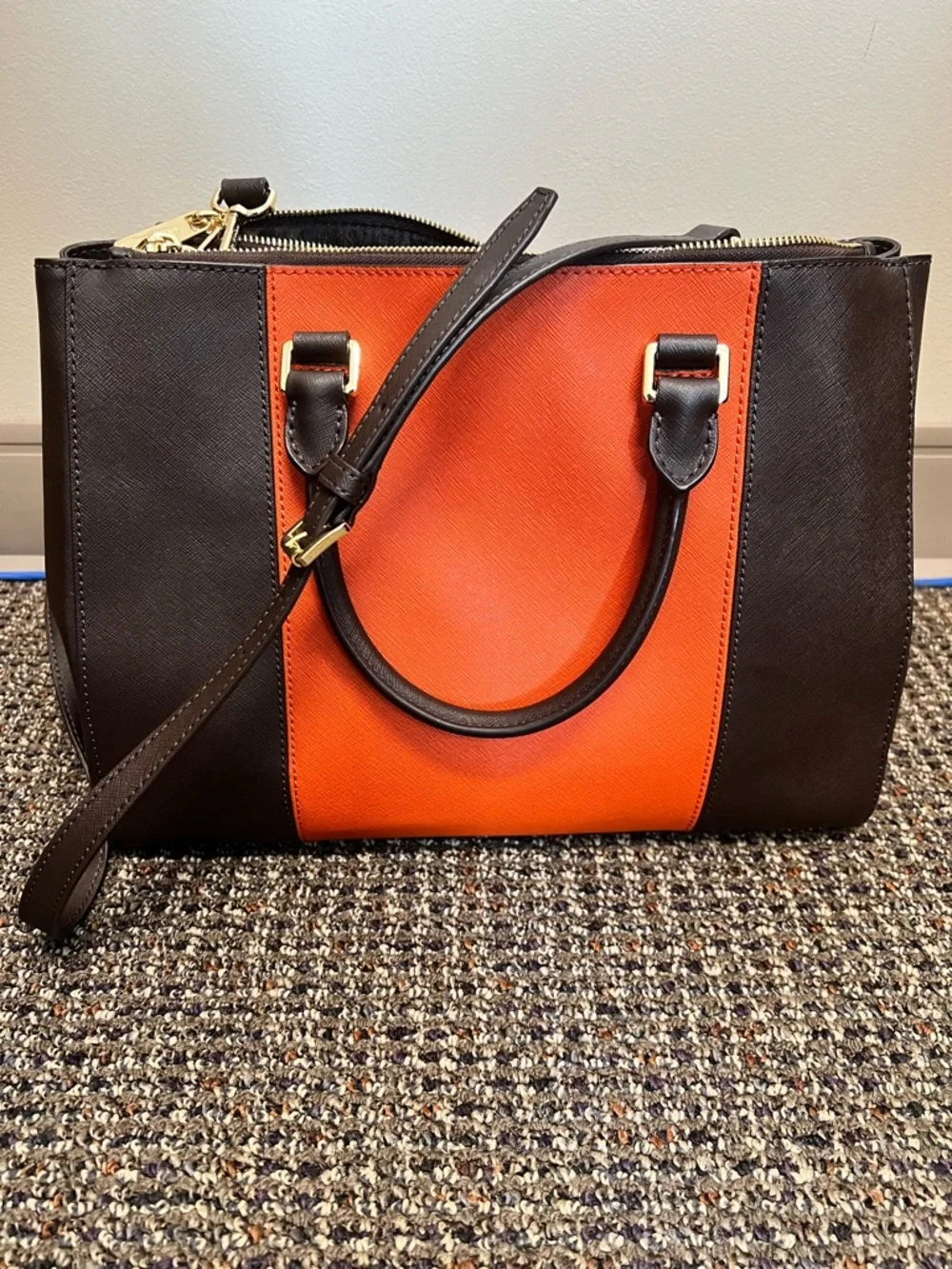 Michael Kors Orange and Brown Saffiano Leather Satchel with Gold MK Charm-EUC - Picture 2 of 7
